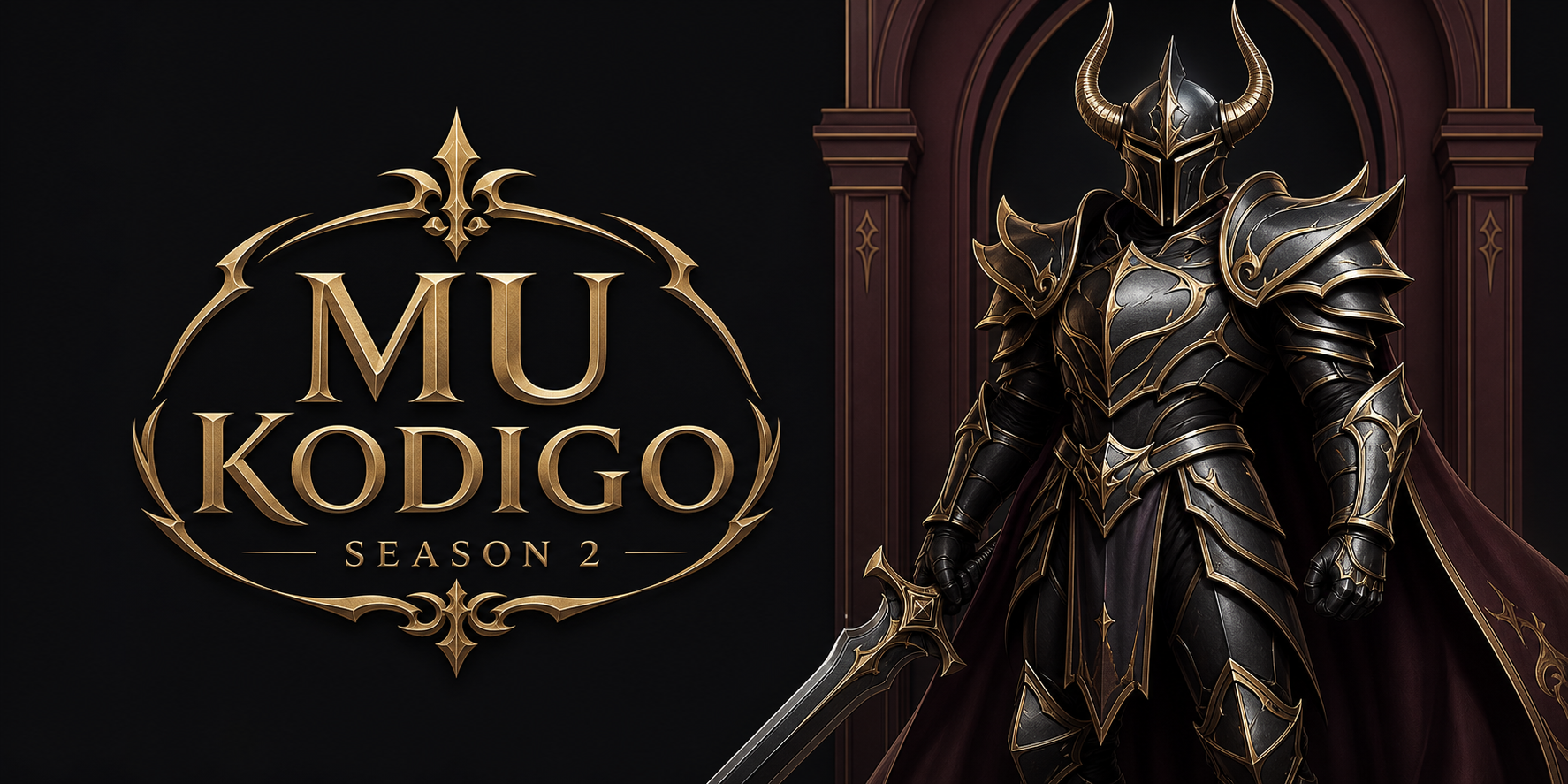 Emblema dorado de MU Kodigo Season 2 junto a un caballero de armadura oscura